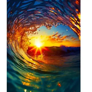 Figured'Art Broderie diamant : Vague et coucher de soleil - sans chassis en bois pas cher