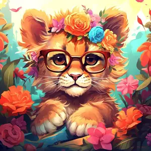 Comparateur de prix : Figured'Art Mini Peinture par Numéro Adulte 20x20cm avec cadre Lionceau fantaisie et fleurs - Petit Format Kit de Loisir Créatif DIY Numéro d'Art Complet