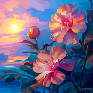 Figured'Art Mini Peinture par Numéro Adulte 20x20cm avec cadre Hibiscus au coucher de soleil - Petit Format Kit de Loisir Créatif DIY Numéro d'Art Complet pas cher