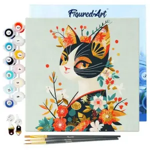 Figured'Art Mini Peinture au numéro : Chat Floral en Kimono - toile te... pas cher