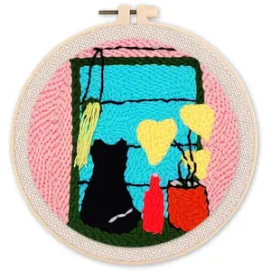 Kit Punch Needle - FIGURED'ART - Chat à la Fenêtre - 20x20cm - Inclus : cadre et tutoriel pas cher