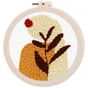 Figured'Art Punch Needle Kit Complet pour Adultes et Enfants - Feuille et Soleil Rouge - Parfait pour Débutant. Set prêt à broder taille 20x20cm avec cadre circulaire