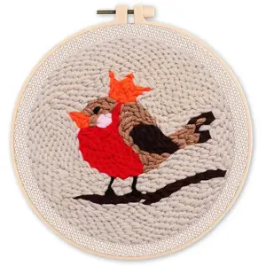 Figured'Art Punch Needle Kit Complet pour Adultes et Enfants - Oiseau Rouge-Gorge - Parfait pour Débutant. Set prêt à broder taille 20x20cm avec cadre circulaire