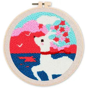 Comparateur de prix : Figured'Art Punch Needle Kit Complet pour Adultes et Enfants - Biche et Fleurs - Parfait pour Débutant. Set prêt à broder taille 20x20cm avec cadre circulaire