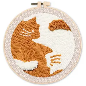 Comparateur de prix : Figured'Art Punch Needle Kit Complet pour Adultes et Enfants - Chat Abstrait - Parfait pour Débutant. Set prêt à broder taille 20x20cm avec cadre circulaire