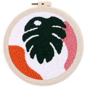 Comparateur de prix : Figured'Art Punch Needle Kit Complet pour Adultes et Enfants - Grande Feuille Verte - Parfait pour Débutant. Set prêt à broder taille 20x20cm avec cadre circulaire