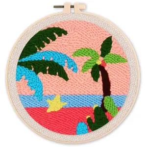 Figured'Art Punch Needle Kit Complet pour Adultes et Enfants - À la Plage - Parfait pour Débutant. Set prêt à broder taille 20x20cm avec cadre circulaire