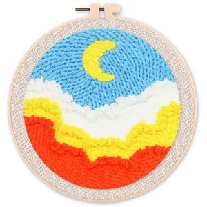 Figured'Art Punch Needle Kit Complet pour Adultes et Enfants - Ciel et Nuage - Parfait pour Débutant. Set prêt à broder taille 20x20cm avec cadre circulaire pas cher