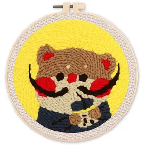 Figured'Art Punch Needle Kit Complet pour Adultes et Enfants - Chat aux Grandes Moustaches - Parfait pour Débutant. Set prêt à broder taille 20x20cm avec cadre circulaire