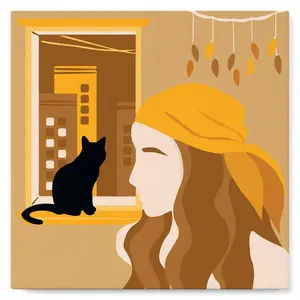 Figured'Art Mini Peinture par Numéro Adulte 20x20cm avec cadre Femme et son Chat à la Fenêtre - Petit Format Kit de Loisir Créatif DIY Numéro d'Art Complet pas cher