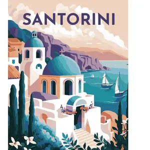 Figured'Art Peinture par Numéro Adulte avec Cadre Affiche Vintage Santorin - Activité Manuelle Kit de Loisir Créatif DIY Numéro d'Art Complet - 40x50cm toile tendue sur châssis pas cher