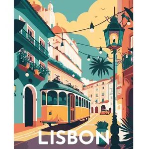 Figured'Art Peinture par Numéro Adulte avec Cadre Affiche Vintage Lisbonne - Activité Manuelle Kit de Loisir Créatif DIY Numéro d'Art Complet - 40x50cm toile tendue sur châssis pas cher