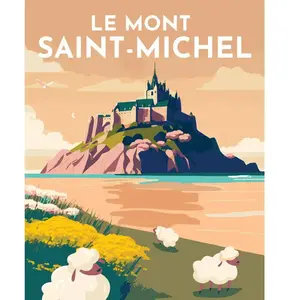 Figured'Art Peinture par Numéro Adulte avec Cadre Affiche Vintage Mont Saint-Michel - Activité Manuelle Kit de Loisir Créatif DIY Numéro d'Art Complet - 40x50cm toile tendue sur châssis pas cher