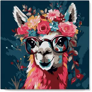 Figured'Art Mini Peinture par Numéro Adulte 20x20cm avec cadre Lama Fantaisie et Fleurs - Petit Format Kit de Loisir Créatif