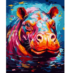 Figured'Art Peinture par Numéro Adulte avec Cadre Hippopotame Coloré Abstrait - Activité Manuelle Kit de Loisir Créatif DIY Numéro d'Art Complet Animaux - 40x50cm toile tendue sur châssis