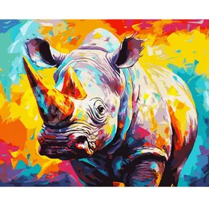 Comparateur de prix : Figured'Art Peinture par Numéro Adulte avec Cadre Rhinocéros Coloré Abstrait - Activité Manuelle Kit de Loisir Créatif DIY Numéro d'Art Complet Animaux - 40x50cm toile tendue sur châssis