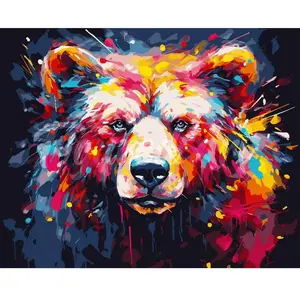 Figured'Art Peinture par Numéro Adulte avec Cadre Ours Coloré Abstrait - Activité Manuelle Kit de Loisir Créatif DIY Numéro d'Art Complet Animaux - 40x50cm toile tendue sur châssis pas cher
