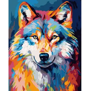 Figured'Art Peinture au numéro : Loup Coloré Abstrait  - sans châssis en bois pas cher