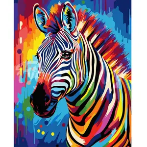 Figured'Art Peinture par Numéro Adulte avec Cadre Zèbre Coloré Abstrait - Activité Manuelle Kit de Loisir Créatif DIY Numéro d'Art Complet Animaux - 40x50cm toile tendue sur châssis
