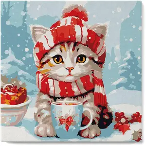 Figured'Art Mini Peinture par Numéro Adulte 20x20cm avec cadre Chat Mignon avec Écharpe Rouge - Petit Format Kit de Loisir Créatif pas cher