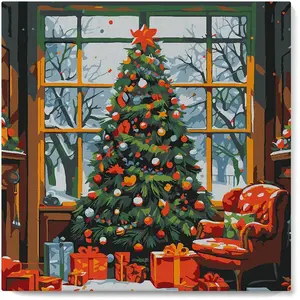 Figured'Art Mini Peinture par Numéro Adulte 20x20cm avec cadre Sapin de Noël dans le Salon - Petit Format Kit de Loisir Créatif DIY Numéro d'Art Complet pas cher