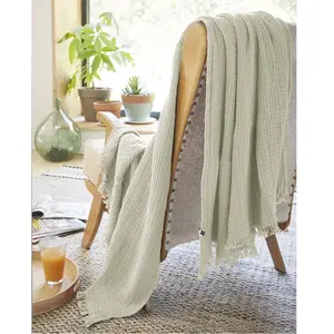 L'EFFET PAPILLON DOCK AVENUE Plaid à Franges 180 x 220 cm Gaze de Coton Unie Gaia Coloris Vert d'eau