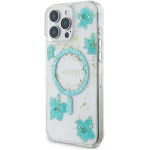 CG MOBILE Guess Coque de protection en résine avec fleurs pailletées compatible avec MagSafe pour iPhone 16 Pro Max (turquoise)