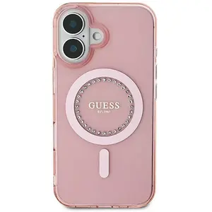 Coque pour iPhone 16 - Guess IML Strass MagSafe (GUHMP16SPFTDTEP) - Rose pas cher