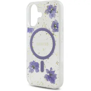 CG MOBILE Guess Coque de protection en résine avec fleurs pailletées compatible avec MagSafe pour iPhone 16 (violet)Vendu parpixmania