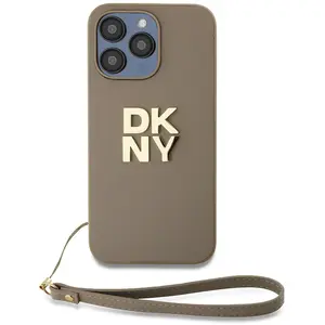 DKNY Coque pour iPhone 14 Pro Max avec Logo Métallisé et Sangle de Poignet Beige pas cher