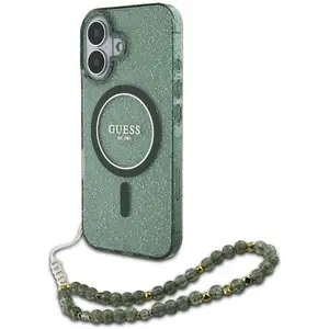 Comparateur de prix : Guess Coque pour iPhone 16 Plus - IML Glitter avec Pearl Strap MagSafe (GUHMP16MHGCGCRELSA) - Vert