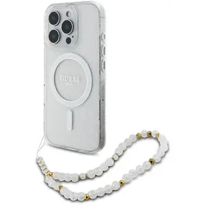 GUESS Coque pour iPhone 16 Pro - IML Glitter avec bracelet perlé MagSafe (GUHMP16LHGCGCRELST) - Transparent pas cher