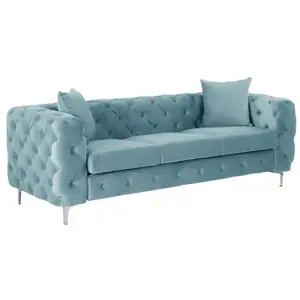Vente-Unique Canapé 3 places chesterfield en velours bleu pastel EDWINA pas cher