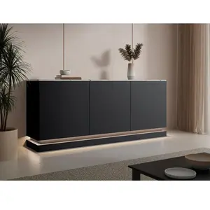 Buffet 3 portes avec LEDs en MDF - Noir et effet marbre blanc - DEVIKA de Pascal MORABITO pas cher