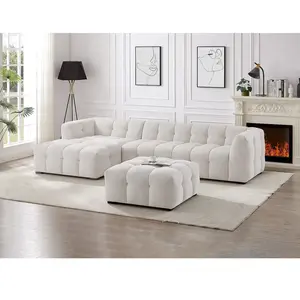 Canapé d'angle gauche et pouf en tissu chiné beige DILOME de Pascal Morabito pas cher