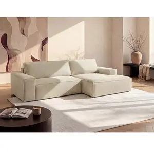 Vente-Unique Canapé d'angle droit convertible en velours côtelé blanc AMELIA pas cher