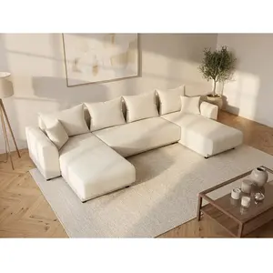 Vente-Unique Canapé d'angle panoramique convertible en velours côtelé beige NESSARO pas cher