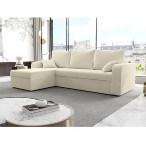 VENTE-UNIQUE Canapé d'angle convertible et réversible en velours côtelé beige ONABIA pas cher