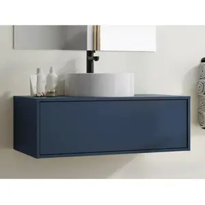VENTE-UNIQUE Meuble de salle de bain suspendu coloris bleu nuit avec simple vasque ronde - 94 cm - TEANA II pas cher