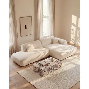 Vente-Unique Canapé d'angle droit ouvert en tissu bouclette blanc POGNI de Maison Céphy pas cher