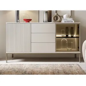 Vente-Unique Buffet 2 portes et 3 tiroirs avec LEDs en MDF et verre fumé - Beige et noir - OVILA pas cher