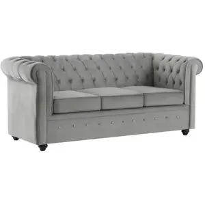 Vente-unique.com Canapé 3 places convertible en velours gris clair  CHESTERFIELD pas cher