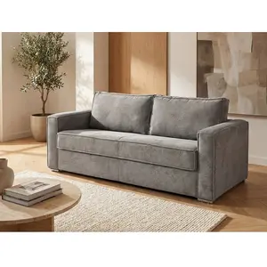 Vente-Unique Canapé 4 places convertible express en velours côtelé gris clair - Couchage à lattes larges 160 cm - Matelas 22 cm LORETO pas cher