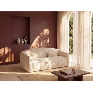 Vente-unique Canapé 3 places convertible express en tissu bouclette beige - Couchage 140 cm - Matelas 14 cm RETUNA II pas cher