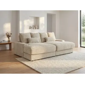 Vente-unique Canapé 3 places confort assise profonde en velours côtelé grosses côtes beige CALAZO de Pascal Morabito pas cher