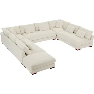 Pascal Morabito Grand canapé d'angle panoramique et pouf en velours côtelé beige SPERONE de pas cher