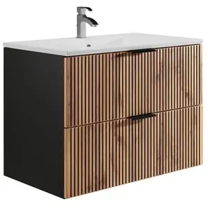 VENTE-UNIQUE Meuble de salle de bain suspendu avec vasque à encastrer - Naturel clair et noir - 80 cm - MADELA