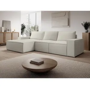 Vente-Unique Grand canapé d'angle gauche convertible en velours côtelé beige AMELIA pas cher