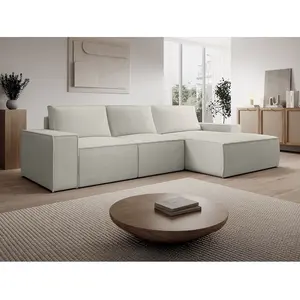 Vente-Unique Grand canapé d'angle droit convertible en velours côtelé beige AMELIA pas cher