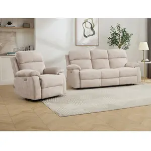 Vente-Unique Canapé 3 places et fauteuil relax électrique massant en tissu chenille beige KOCENI pas cher